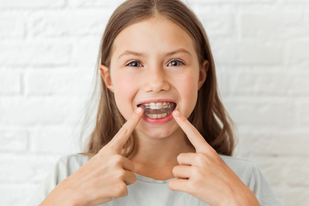 a girl showing her oral hygiene with braces